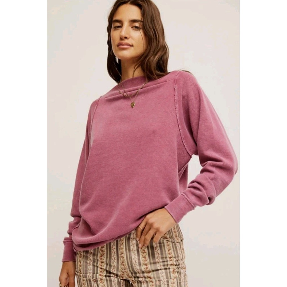 Free People Sammie Off The Shoulder Rose Waffle Knit Thermal Top S Boho Grunge